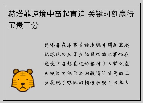 赫塔菲逆境中奋起直追 关键时刻赢得宝贵三分