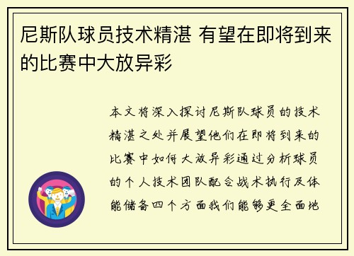 尼斯队球员技术精湛 有望在即将到来的比赛中大放异彩